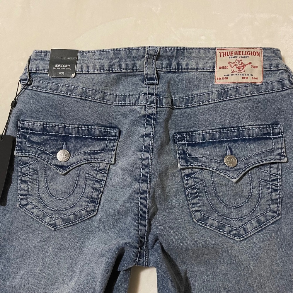 True Religion Jennie Curvy Big T MR Flap Mid Rise Super Skinny Jeans Sz 31 $199